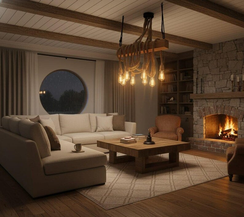 The homeartparis - Linear Wood Chandelier, Kitchen Island Lighting, Rustic Dining Table Lamp, 8-Rope Pendant Light Fixture