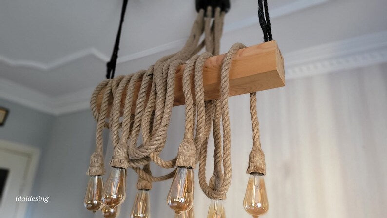 The homeartparis - Linear Wood Chandelier, Kitchen Island Lighting, Rustic Dining Table Lamp, 8-Rope Pendant Light Fixture