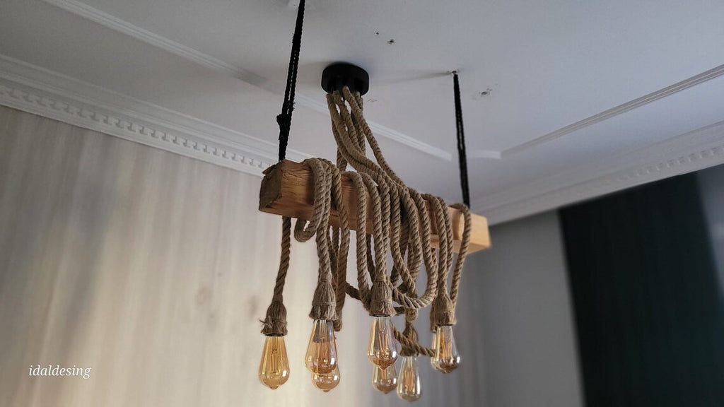 The homeartparis - Linear Wood Chandelier, Kitchen Island Lighting, Rustic Dining Table Lamp, 8-Rope Pendant Light Fixture