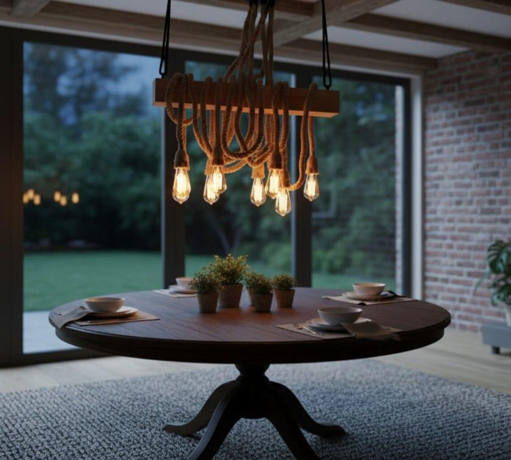 The homeartparis - Linear Wood Chandelier, Kitchen Island Lighting, Rustic Dining Table Lamp, 8-Rope Pendant Light Fixture