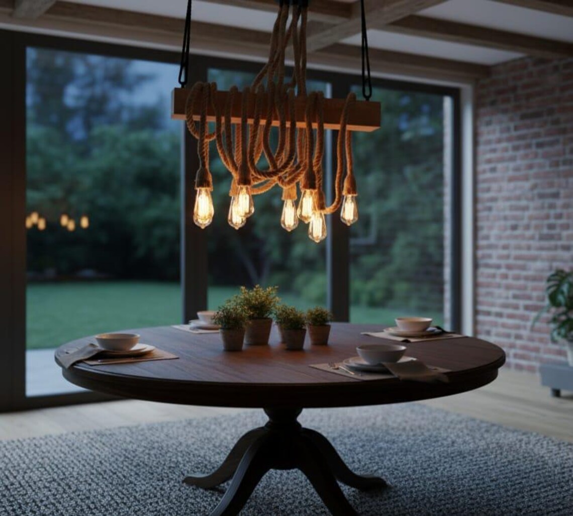 The homeartparis - Linear Wood Chandelier, Kitchen Island Lighting, Rustic Dining Table Lamp, 8-Rope Pendant Light Fixture