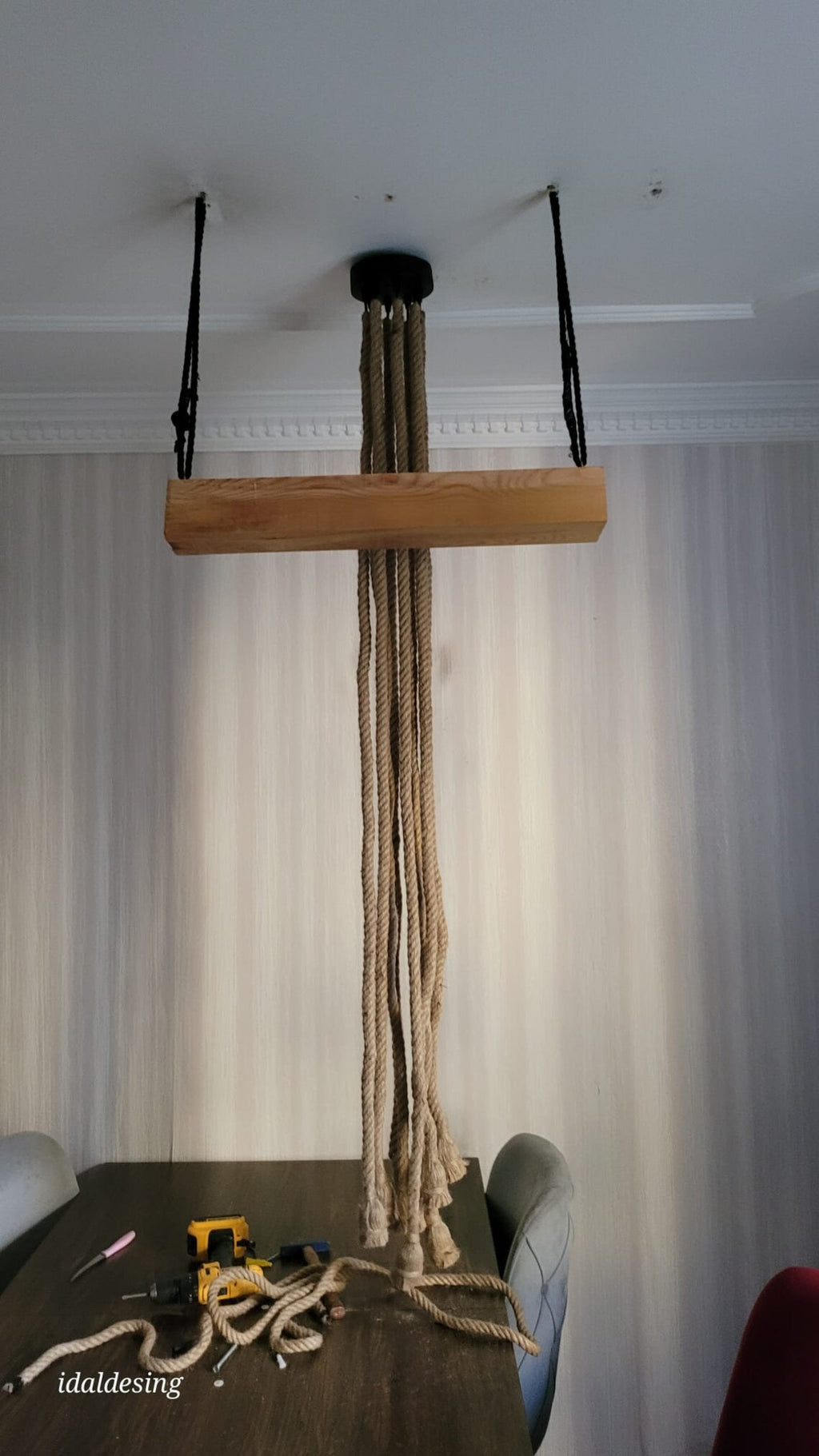 The homeartparis - Linear Wood Chandelier, Kitchen Island Lighting, Rustic Dining Table Lamp, 8-Rope Pendant Light Fixture