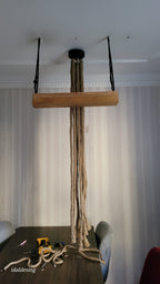 The homeartparis - Linear Wood Chandelier, Kitchen Island Lighting, Rustic Dining Table Lamp, 8-Rope Pendant Light Fixture
