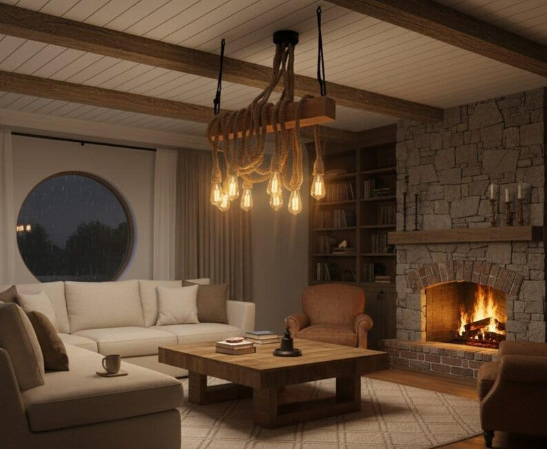 The homeartparis - Linear Wood Chandelier, Kitchen Island Lighting, Rustic Dining Table Lamp, 8-Rope Pendant Light Fixture