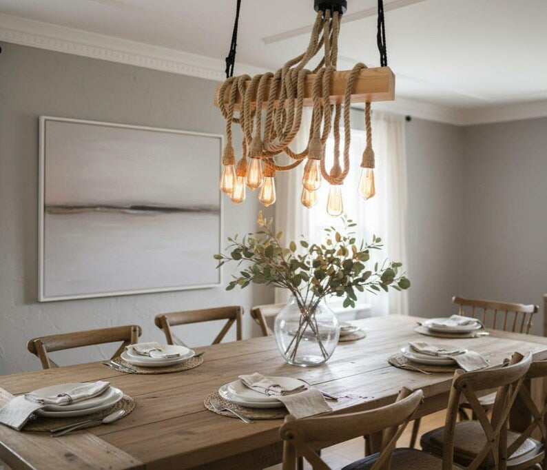 The homeartparis - Linear Wood Chandelier, Kitchen Island Lighting, Rustic Dining Table Lamp, 8-Rope Pendant Light Fixture
