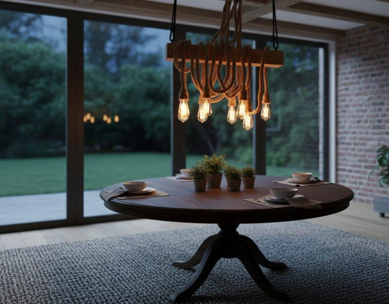 The homeartparis - Linear Wood Chandelier, Kitchen Island Lighting, Rustic Dining Table Lamp, 8-Rope Pendant Light Fixture