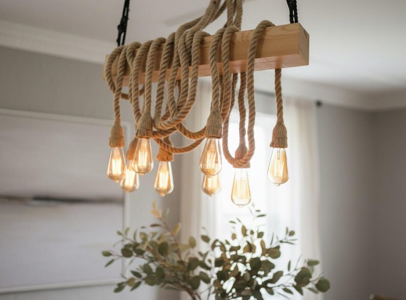 The homeartparis - Linear Wood Chandelier, Kitchen Island Lighting, Rustic Dining Table Lamp, 8-Rope Pendant Light Fixture