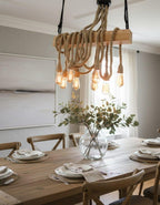 The homeartparis - Linear Wood Chandelier, Kitchen Island Lighting, Rustic Dining Table Lamp, 8-Rope Pendant Light Fixture