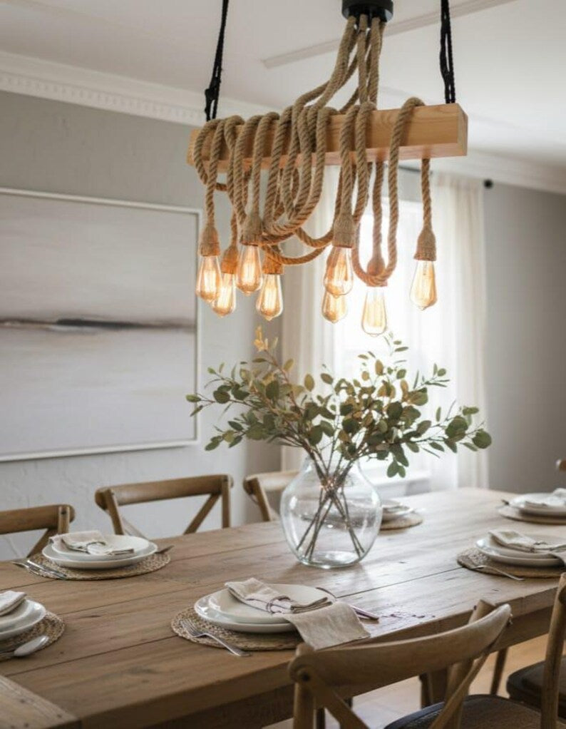 The homeartparis - Linear Wood Chandelier, Kitchen Island Lighting, Rustic Dining Table Lamp, 8-Rope Pendant Light Fixture