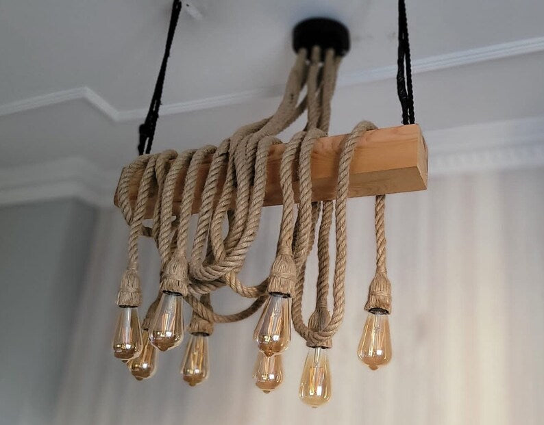 The homeartparis - Linear Wood Chandelier, Kitchen Island Lighting, Rustic Dining Table Lamp, 8-Rope Pendant Light Fixture