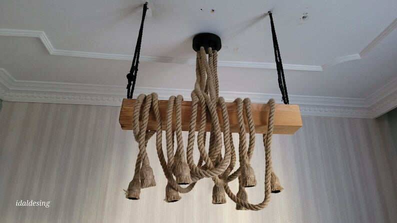 The homeartparis - Linear Wood Chandelier, Kitchen Island Lighting, Rustic Dining Table Lamp, 8-Rope Pendant Light Fixture