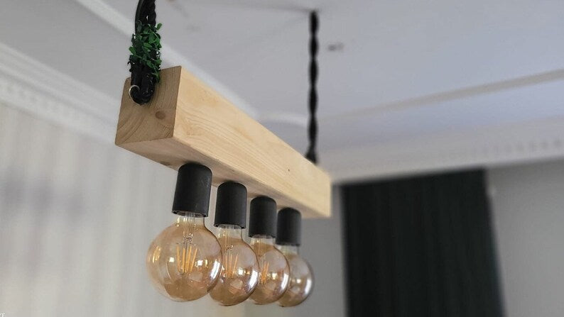 Minimalist Wood Beam Chandelier, Scandinavian Style Pendant, Modern Farmhouse Kitchen Island Lighting