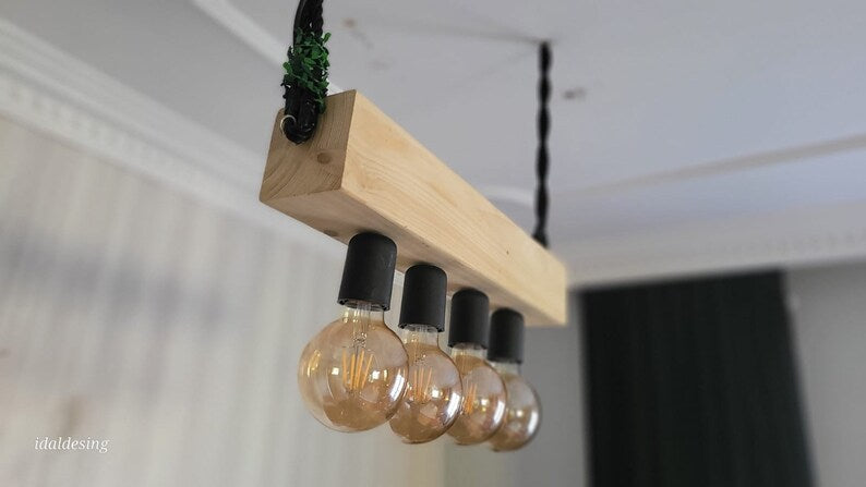 Minimalist Wood Beam Chandelier, Scandinavian Style Pendant, Modern Farmhouse Kitchen Island Lighting