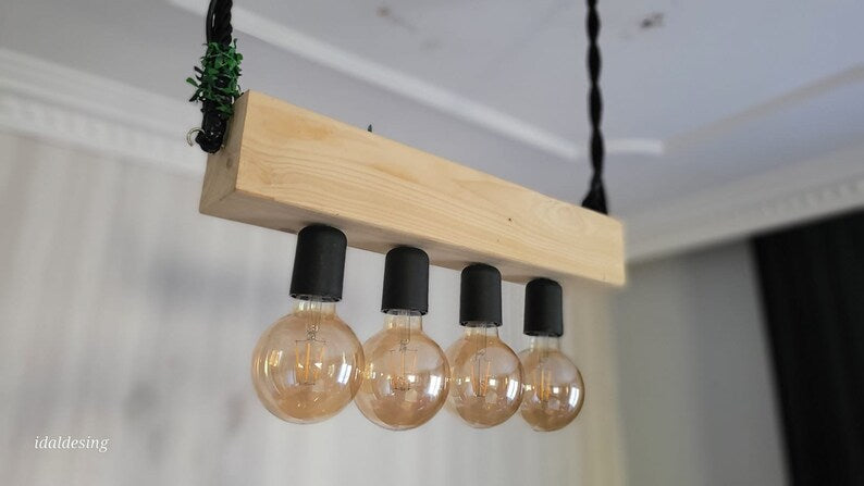 Minimalist Wood Beam Chandelier, Scandinavian Style Pendant, Modern Farmhouse Kitchen Island Lighting