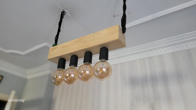 Minimalist Wood Beam Chandelier, Scandinavian Style Pendant, Modern Farmhouse Kitchen Island Lighting