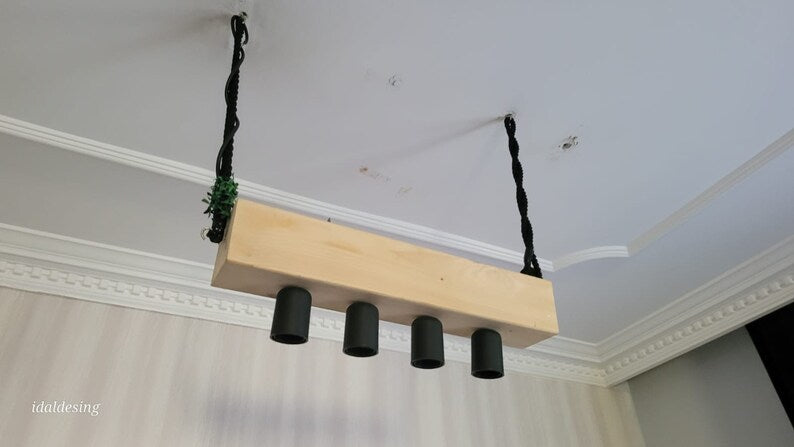 Minimalist Wood Beam Chandelier, Scandinavian Style Pendant, Modern Farmhouse Kitchen Island Lighting