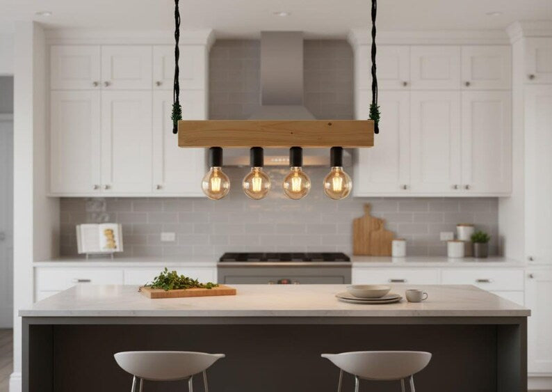 Minimalist Wood Beam Chandelier, Scandinavian Style Pendant, Modern Farmhouse Kitchen Island Lighting