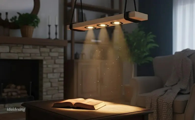 Wood LED Chandelier, Linear Light for Kitchen Island, 3-Spotlight Fixture, Minimalist Office Ceiling Lamp