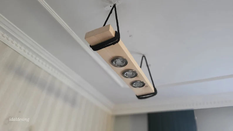 Wood LED Chandelier, Linear Light for Kitchen Island, 3-Spotlight Fixture, Minimalist Office Ceiling Lamp