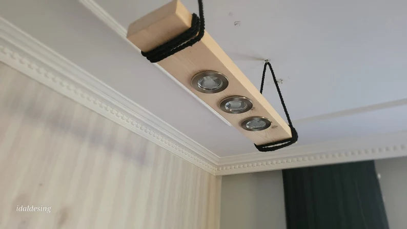 Wood LED Chandelier, Linear Light for Kitchen Island, 3-Spotlight Fixture, Minimalist Office Ceiling Lamp