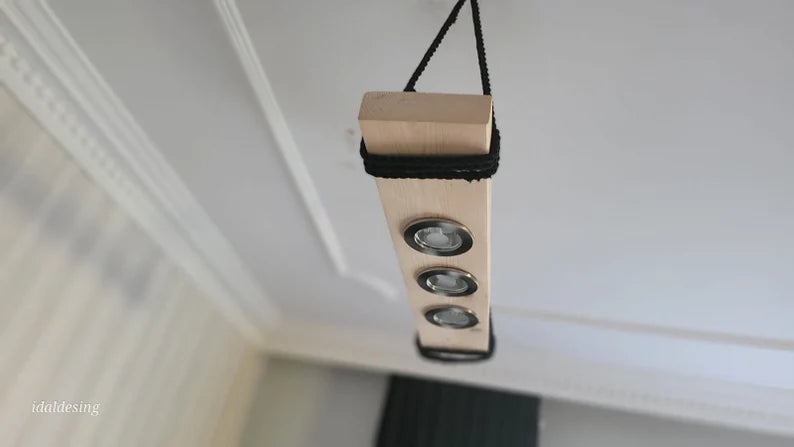 Wood LED Chandelier, Linear Light for Kitchen Island, 3-Spotlight Fixture, Minimalist Office Ceiling Lamp