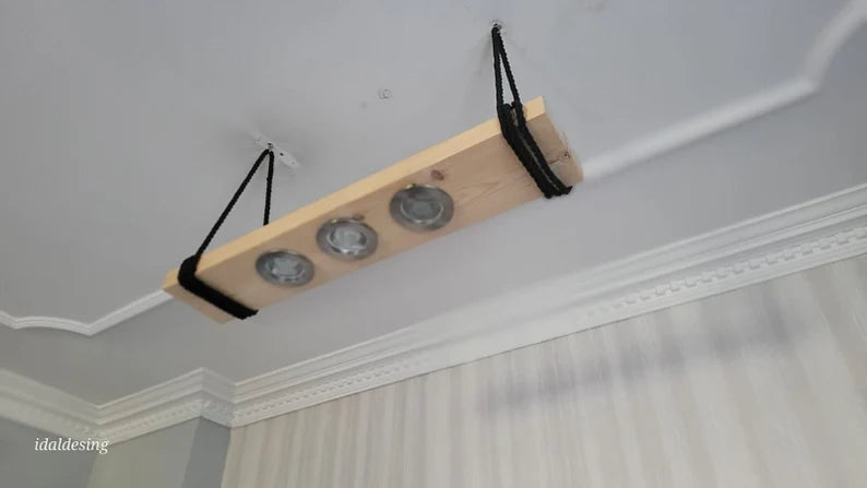 Wood LED Chandelier, Linear Light for Kitchen Island, 3-Spotlight Fixture, Minimalist Office Ceiling Lamp
