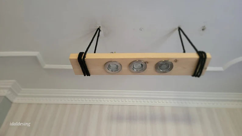 Wood LED Chandelier, Linear Light for Kitchen Island, 3-Spotlight Fixture, Minimalist Office Ceiling Lamp