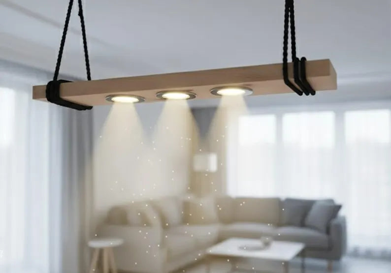 Wood LED Chandelier, Linear Light for Kitchen Island, 3-Spotlight Fixture, Minimalist Office Ceiling Lamp