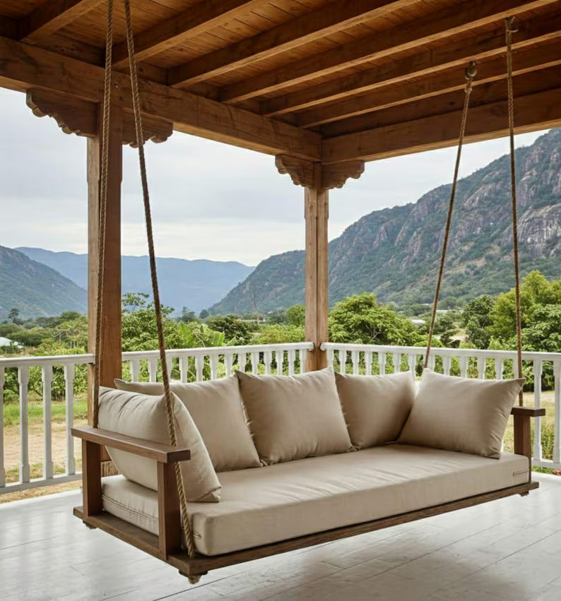 Mountain Lodge Porch Swing - Rustic Hanging Sofa & Cabin Style Pine Wood Lounge