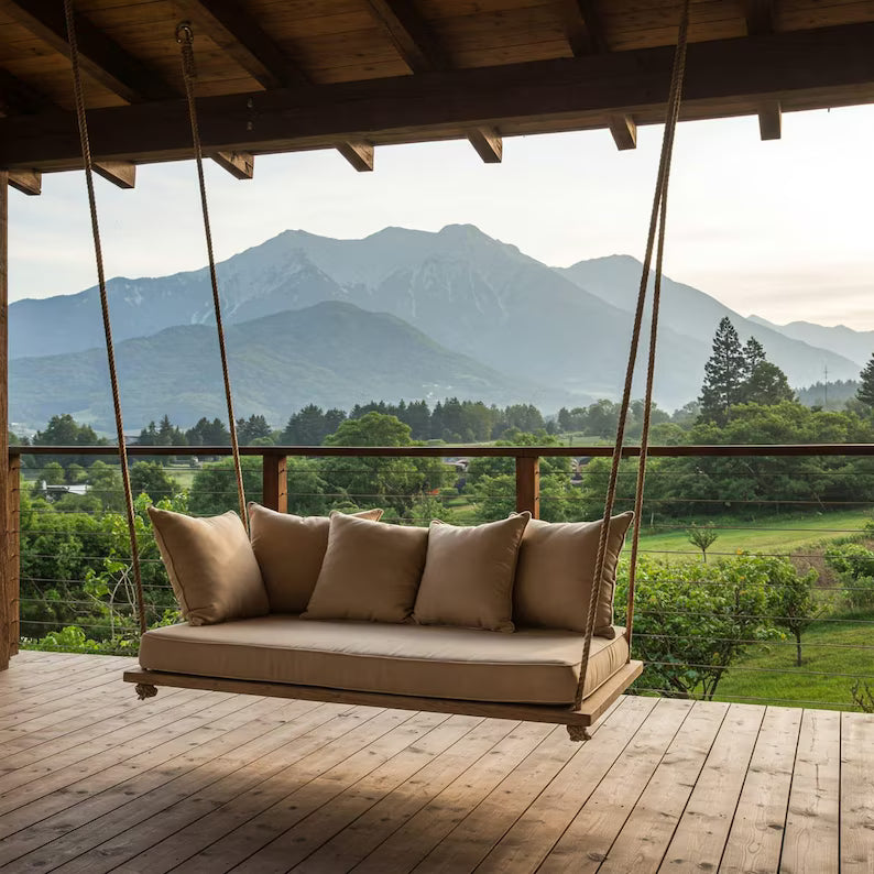 Mountain Lodge Porch Swing - Rustic Hanging Sofa & Cabin Style Pine Wood Lounge