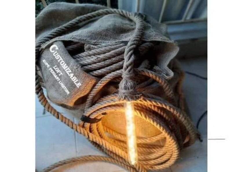 Large rope Chandelier, 60 Light Swag Fixture, Restaurant Ceiling Lamp, 150cm Wood Base + 30 Double Rope Arms, Barn Wedding Lighting