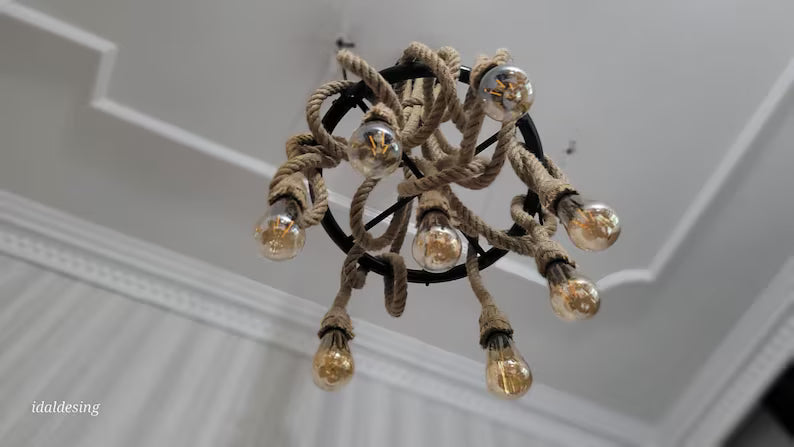 Nautical Rope Chandelier, Knotted Rustic Lamp, Coastal Lighting Fixture, Kitchen Island & Bar Light, 8-Arm Pendant Chandelier