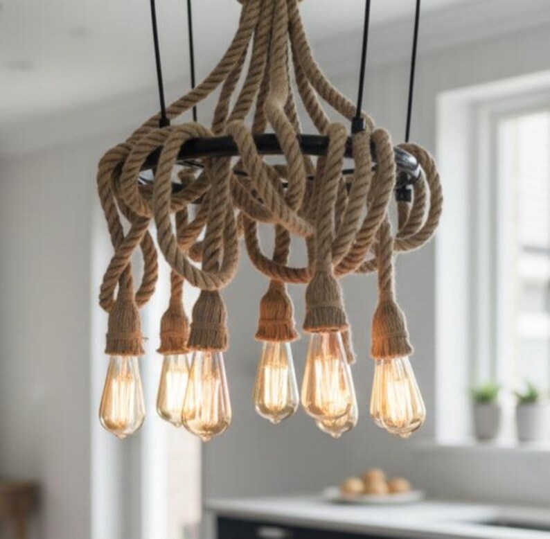 Nautical Rope Chandelier, Knotted Rustic Lamp, Coastal Lighting Fixture, Kitchen Island & Bar Light, 8-Arm Pendant Chandelier