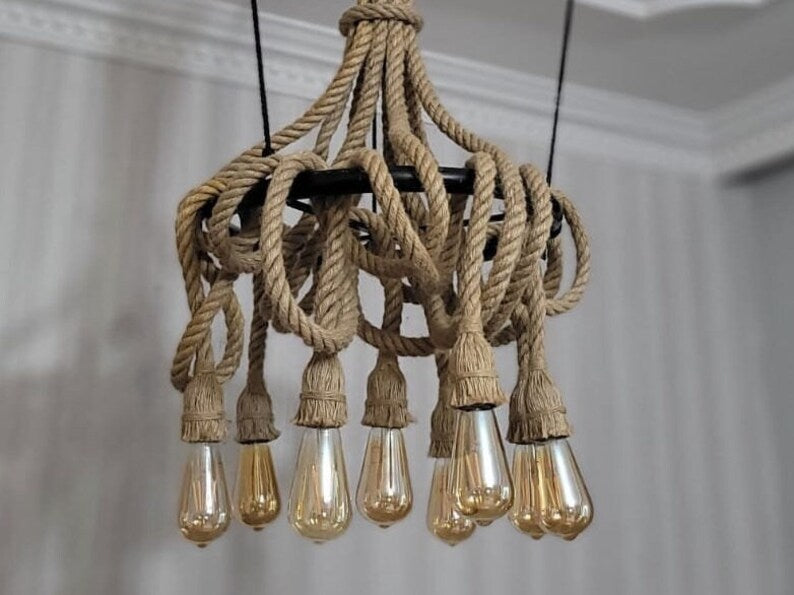 Nautical Rope Chandelier, Knotted Rustic Lamp, Coastal Lighting Fixture, Kitchen Island & Bar Light, 8-Arm Pendant Chandelier