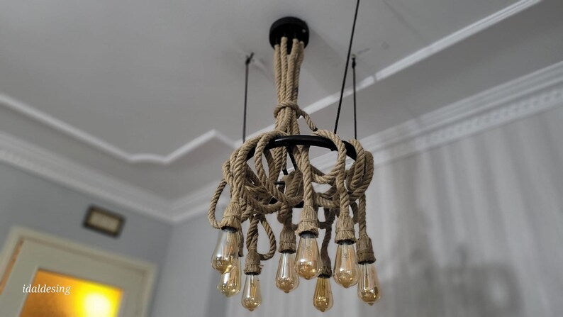 Nautical Rope Chandelier, Knotted Rustic Lamp, Coastal Lighting Fixture, Kitchen Island & Bar Light, 8-Arm Pendant Chandelier