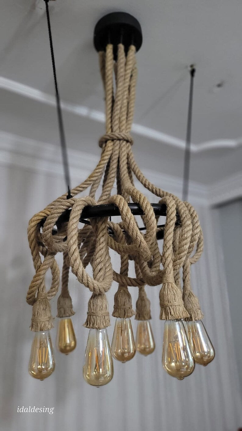 Nautical Rope Chandelier, Knotted Rustic Lamp, Coastal Lighting Fixture, Kitchen Island & Bar Light, 8-Arm Pendant Chandelier
