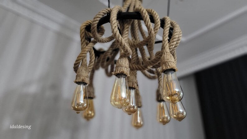 Nautical Rope Chandelier, Knotted Rustic Lamp, Coastal Lighting Fixture, Kitchen Island & Bar Light, 8-Arm Pendant Chandelier