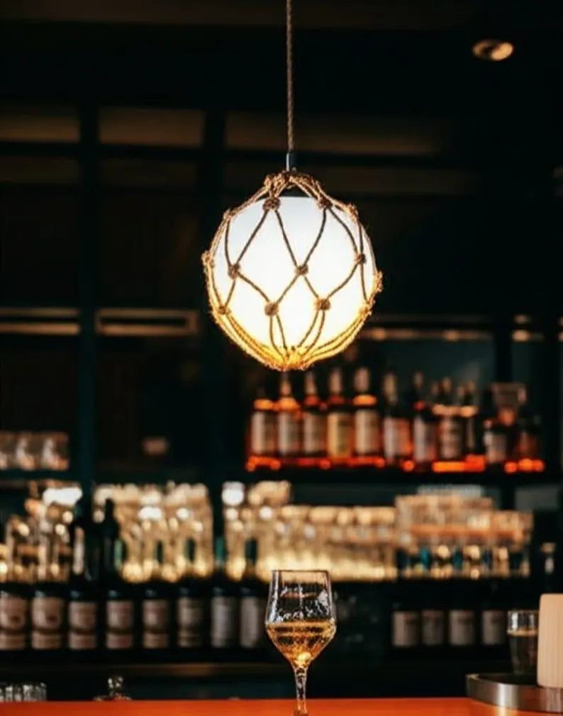 Nautical Rope Pendant Light, Glass Globe Fixture, Coastal -  Beach House Decor, Woven Boho Bar & Kitchen Light