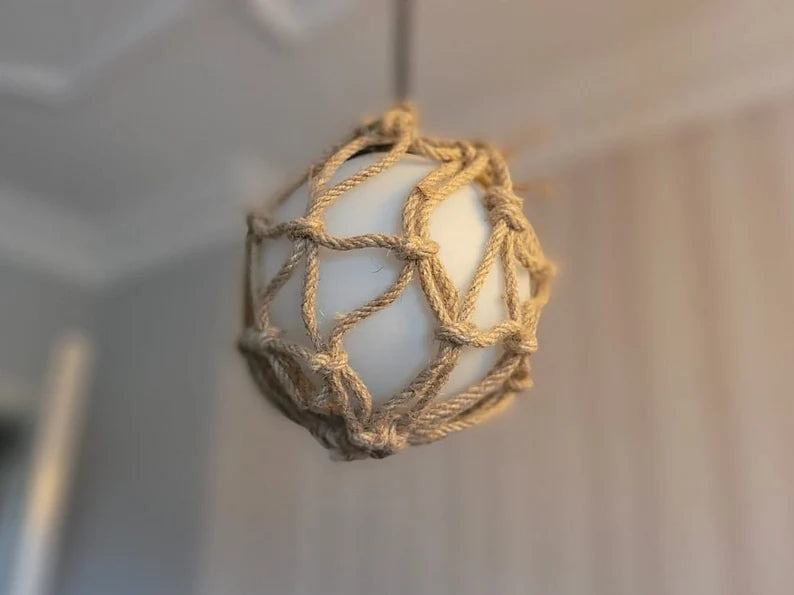 Nautical Rope Pendant Light, Glass Globe Fixture, Coastal -  Beach House Decor, Woven Boho Bar & Kitchen Light