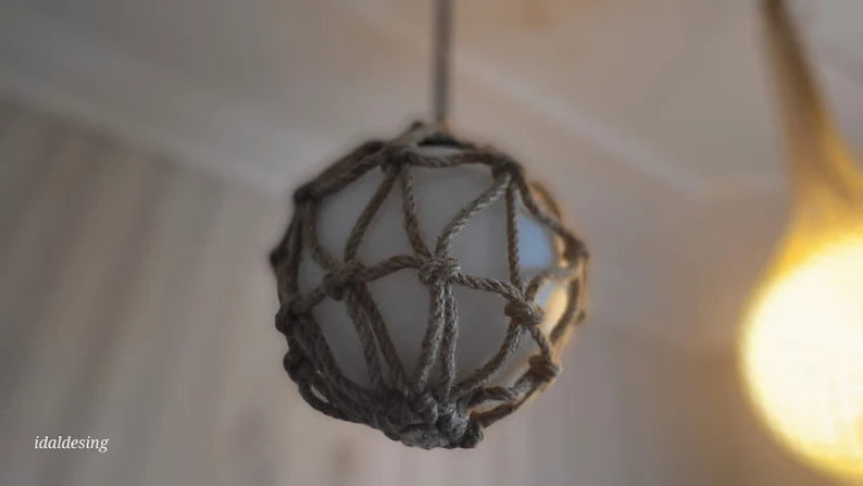 Nautical Rope Pendant Light, Glass Globe Fixture, Coastal -  Beach House Decor, Woven Boho Bar & Kitchen Light