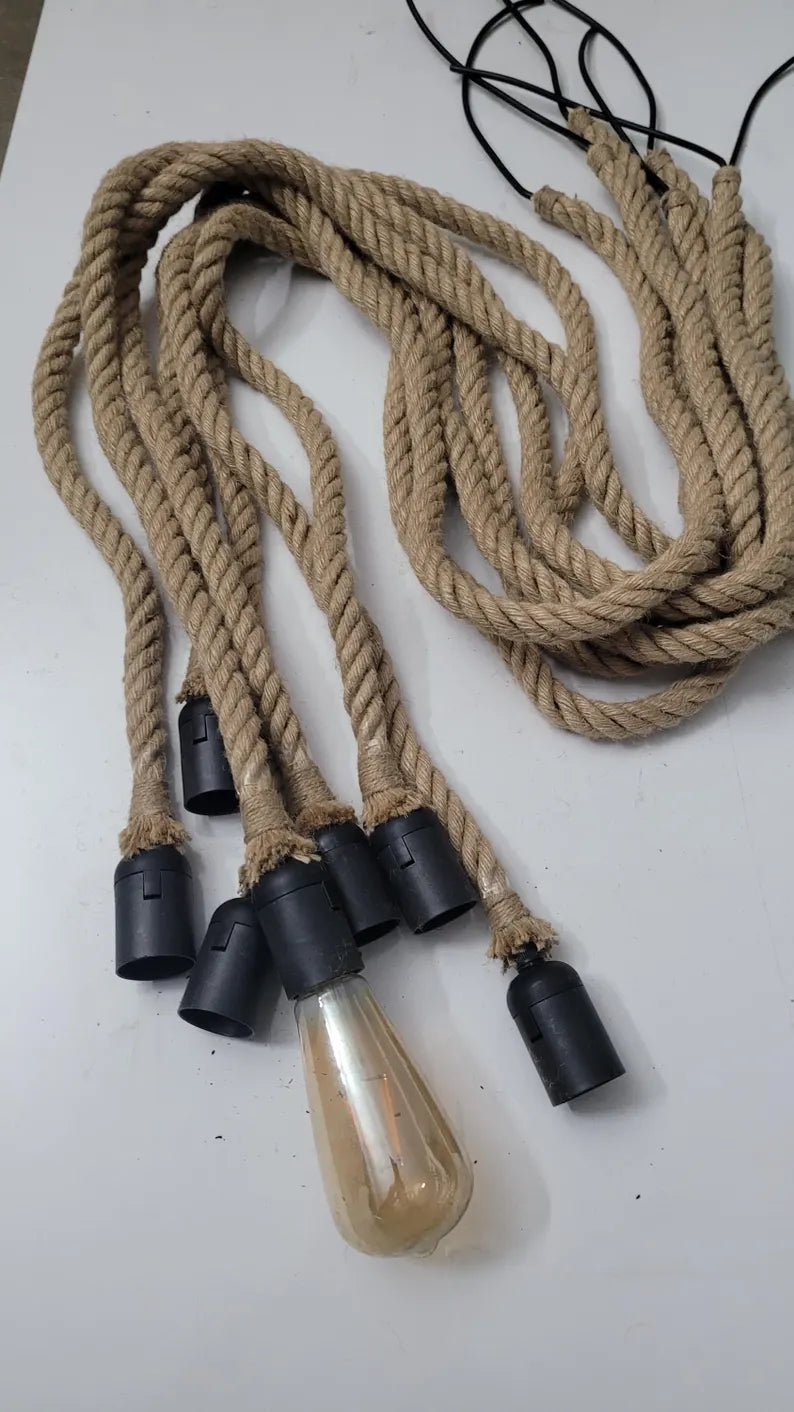homeartparis - Industrial Rope Spider Chandelier (3/6/8/10 Arms), Choose Socket Style, Custom Length Modern Farmhouse Light for Cafe Office