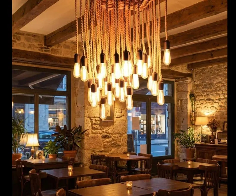 homeartparis - Industrial Rope Spider Chandelier (3/6/8/10 Arms), Choose Socket Style, Custom Length Modern Farmhouse Light for Cafe Office