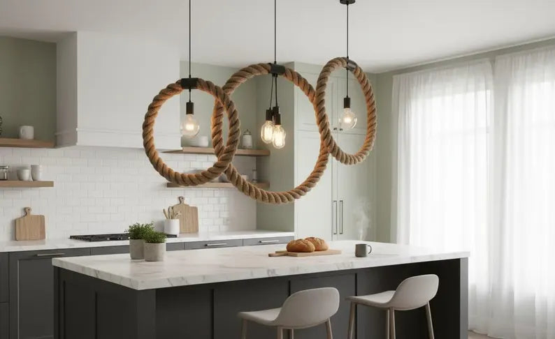 3-Piece Rope Ring Chandelier Set | Modern Nautical Loop Pendant Lights | Industrial E27 Ceiling Lamp for Kitchen Island & Bar