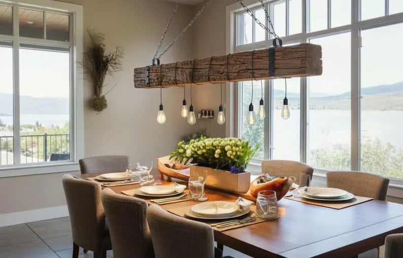 Rustic Wood Beam Chandelier, 8-Light Farmhouse Dining Light, Cabin Lodge Industrial Fixture