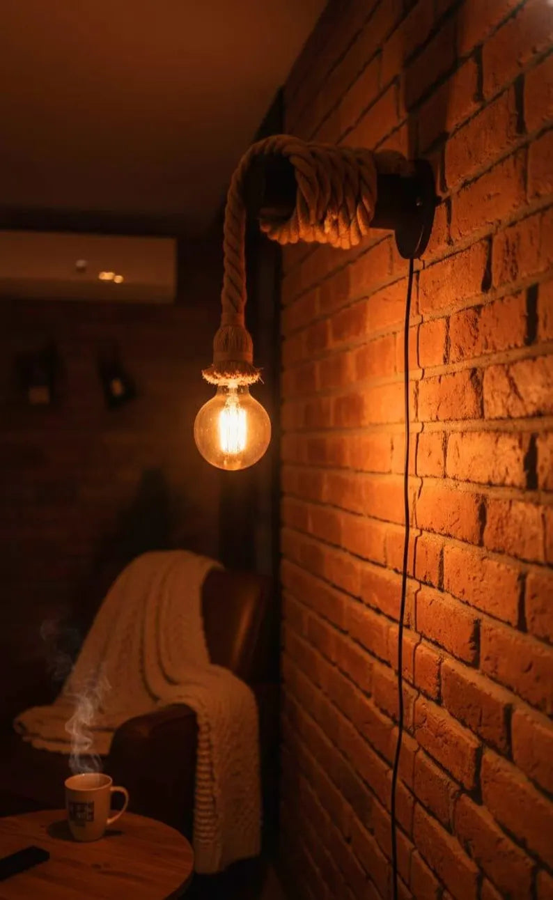 Rustic Wood Beam Wall Sconce, Rope Wrapped Industrial Wall Light with Switch, Plug-in Bedside Reading Lamp, 40 cm (15.7 inc) Wooden Wall Decor