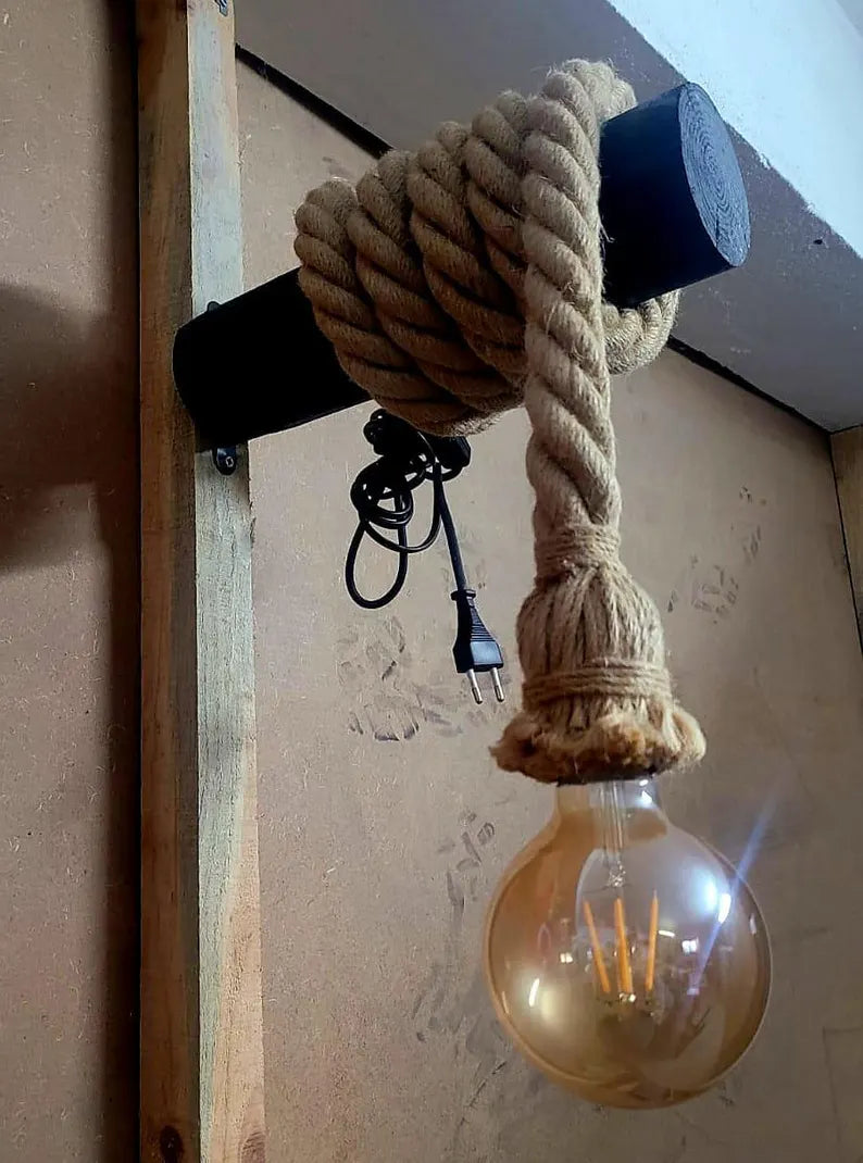 Rustic Wood Beam Wall Sconce, Rope Wrapped Industrial Wall Light with Switch, Plug-in Bedside Reading Lamp, 40 cm (15.7 inc) Wooden Wall Decor