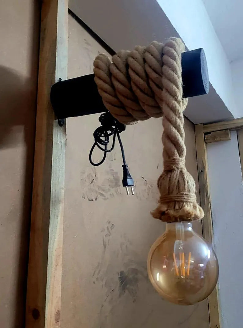 Rustic Wood Beam Wall Sconce, Rope Wrapped Industrial Wall Light with Switch, Plug-in Bedside Reading Lamp, 40 cm (15.7 inc) Wooden Wall Decor
