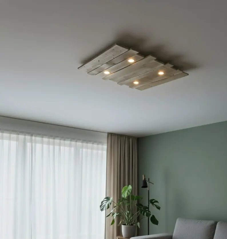 Rustic Wood Ceiling Lamp | Geometric 4 Spot Light Fixture | Adjustable Chain Hanging Natural Loft Lighting