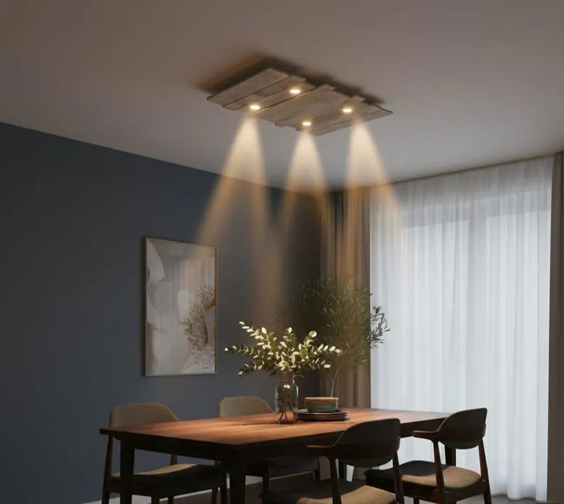 Rustic Wood Ceiling Lamp | Geometric 4 Spot Light Fixture | Adjustable Chain Hanging Natural Loft Lighting