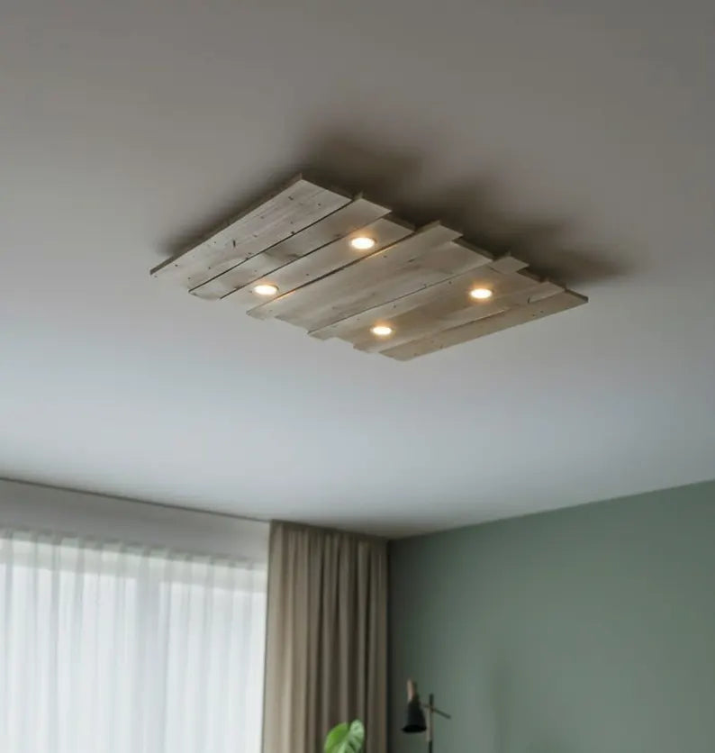 Rustic Wood Ceiling Lamp | Geometric 4 Spot Light Fixture | Adjustable Chain Hanging Natural Loft Lighting